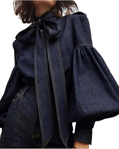 utcoco Denim Shirt Women Button Down Jean Shirt Long Sleeve Blouse Y2k Tie Neck Denim Top in Saudi Arabia