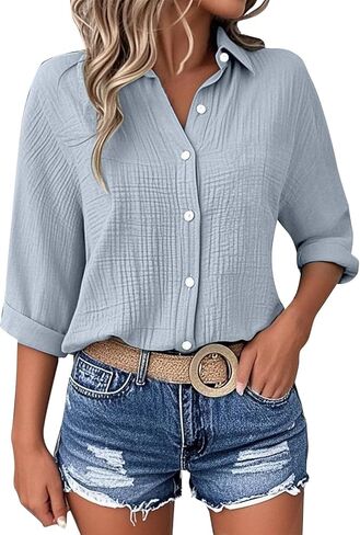 Womens Blouse Tops Plus Size Fashion Solid Color Button Lapel 3/4 Length Sleeves Loose Comfy Dressy Casual Shirts in Saudi Arabia