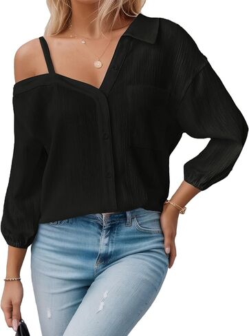 Women Casual 3/4 Sleeve Shirt Summer Off Shoulder Shirts Elegant Button Down Blouse Loose Fashion Solid Color Top in Saudi Arabia
