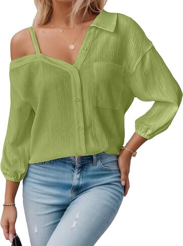 Women Casual 3/4 Sleeve Shirt Summer Off Shoulder Shirts Elegant Button Down Blouse Loose Fashion Solid Color Top in Kuwait