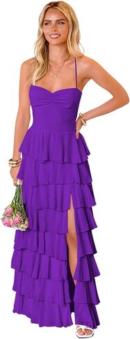 Tiered Chiffon Bridesmaid Dresses for Women Spaghetti Straps Ruffles Formal Evening Dresses with Slit in Kuwait