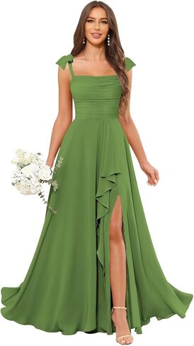 Long Chiffon Bridesmaid Dresses with Pockets Spaghetti Straps A-Line Ruffles Formal Evening Gowns with Slit in Kuwait
