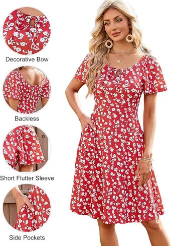 VETIOR Women Summer Sun Dresses 2026 Puff Short Sleeve Tie Front Knee Length Spring Dress with Pockets in Kuwait