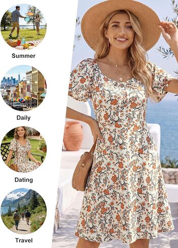 VETIOR Women Summer Sun Dresses 2026 Puff Short Sleeve Tie Front Knee Length Spring Dress with Pockets in Kuwait