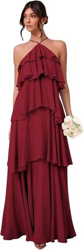 Chiffon Halter Bridesmaid Dresses for Women Spaghetti Straps Tiered Long Prom Evening Party Dress in Kuwait