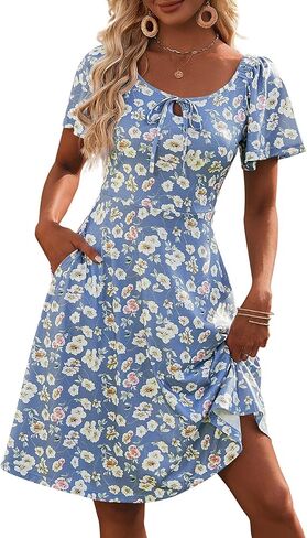 VETIOR فساتين الشمس الصيفية للسيدات 2026 فستان ربيعي بأكمام قصيرة وربطة عنق أمامية بطول الركبة مع جيوب in Kuwait