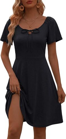 VETIOR Women Summer Sun Dresses 2026 Puff Short Sleeve Tie Front Knee Length Spring Dress with Pockets in Kuwait