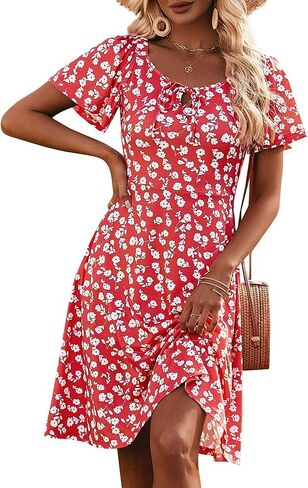 VETIOR Women Summer Sun Dresses 2026 Puff Short Sleeve Tie Front Knee Length Spring Dress with Pockets in Kuwait