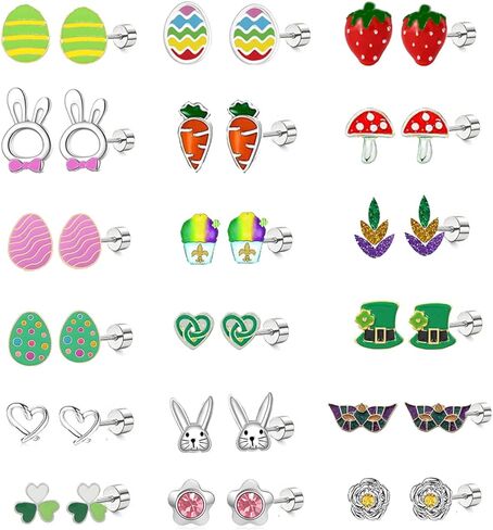 18 Pairs Hypoallergenic Holiday Earrings for Teen Women Cute St. Patrick’s Day Earring Easter Egg Bunny Strawberry Stud Earring Flat Back Cartilage Piercing Stud Earrings Set Stainless Steel for Her Sensitive Ears Festival Carnival Jewelry in Kuwait
