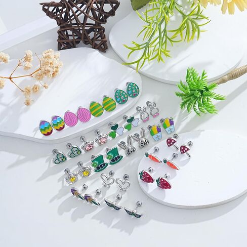 18 Pairs Hypoallergenic Holiday Earrings for Teen Women Cute St. Patrick’s Day Earring Easter Egg Bunny Strawberry Stud Earring Flat Back Cartilage Piercing Stud Earrings Set Stainless Steel for Her Sensitive Ears Festival Carnival Jewelry in Kuwait