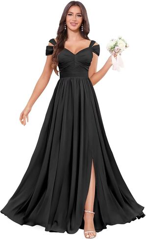 Off Shoulder Bridesmaid Dresses for Women - Long Chiffon Ruched Formal Evening Dress with Slit in Saudi Arabia