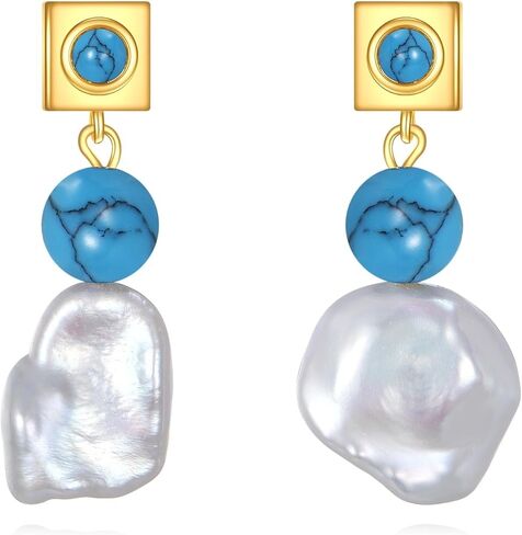 Turquoise Dangle Earrings 14K Gold Plated Sterling Silver Boho Earrings with Cultured Pearl Drop Jewelry Gift for Women in Saudi Arabia