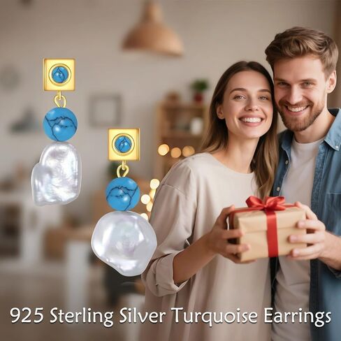 Turquoise Dangle Earrings 14K Gold Plated Sterling Silver Boho Earrings with Cultured Pearl Drop Jewelry Gift for Women in Saudi Arabia
