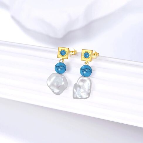 Turquoise Dangle Earrings 14K Gold Plated Sterling Silver Boho Earrings with Cultured Pearl Drop Jewelry Gift for Women in Saudi Arabia