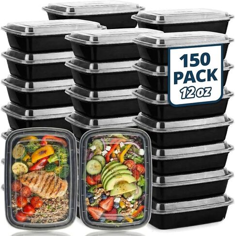 حاويات طعام TIYA Takeout - 12 أونصة كبيرة 150 عبوة مع أغطية - تخزين طعام بلاستيكي مستطيل - مجموعة مطاعم آمنة للاستخدام في الميكروويف وغسالة الأطباق - مقاومة للتسرب من أجل إعداد الوجبات والوجبات in Kuwait