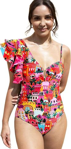 SPORLIKE Women One Piece Swimsuit Ruffle One Shoulder Bathing Suit Padded Monokini in Kuwait