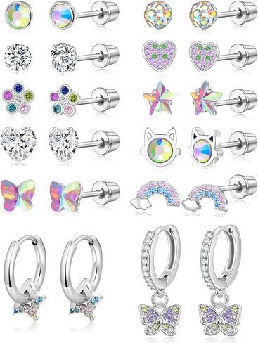 12 زوجًا من الأقراط الخلفية اللولبية للنساء من الفولاذ المقاوم للصدأ أقراط متدلية من الفولاذ المقاوم للصدأ وردي متعدد الألوان تشيكوسلوفاكيا ستار فراشة لؤلؤية قطة قلب سلحفاة مسطحة برغي خلفي مجموعة أقراط مطلية بالفضة 20 جرام in Kuwait