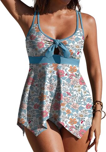 SHESHOW Tankini Swimsuits for Women 2 Piece Tummy Control V-Neck Tie Knot Flowy Colorblock Bathing Suit with Bottom in Saudi Arabia