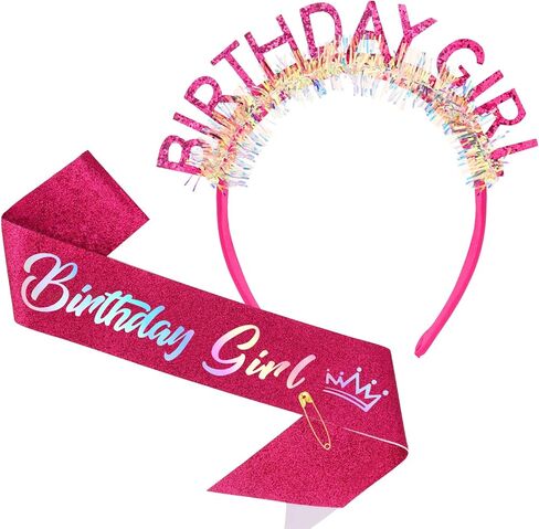 CAVETEE Birthday Crown and Sash for Girls, Glitter Iridescent Headband, Happy Brithday Party Decorations for Women & Girls in Kuwait