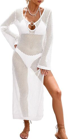 Womens Crochet Swimsuit Beach Cover Up 2026 V Neck Long Sleeve Mesh Knit Bathing Suit Swim Coverups Maxi Dress in Kuwait