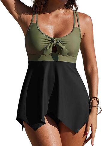 SHESHOW Tankini Swimsuits for Women 2 Piece Tummy Control V-Neck Tie Knot Flowy Colorblock Bathing Suit with Bottom in Saudi Arabia