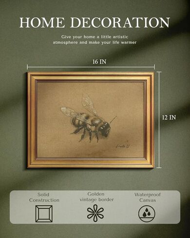 لوحة فنية جدارية مطبوعة على شكل نحلة عتيقة مقاس 12 × 16، قماش بإطار ذهبي عتيق، لوحة حشرات نباتية ريفية قديمة، رسم نحلة كلاسيكية لعلم الحشرات، ديكور مدخل دراسة المزرعة in Kuwait