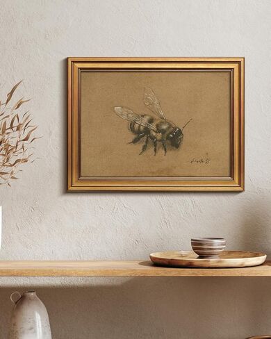 لوحة فنية جدارية مطبوعة على شكل نحلة عتيقة مقاس 12 × 16، قماش بإطار ذهبي عتيق، لوحة حشرات نباتية ريفية قديمة، رسم نحلة كلاسيكية لعلم الحشرات، ديكور مدخل دراسة المزرعة in Kuwait
