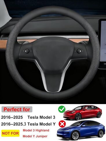 غطاء عجلة القيادة الجلدي لطراز تيسلا 2016-2025 3/Y (ليس لجونيبر واي هايلاند 3)، واقي عجلة القيادة غير قابل للانزلاق وجيد التهوية لعجلة القيادة موديل 3 Y، مقاوم للعرق، سهل الارتداء (أسود) in Kuwait