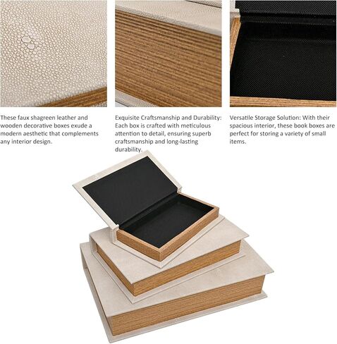 Modern Faux Shagreen Leather Decorative Book Boxes Set of 3 - Wooden Book Shaped Hidden Storage Boxes for Home Decor, Coffee Table, Shelf Organizer, Secret Storage (13",10",8") in Kuwait