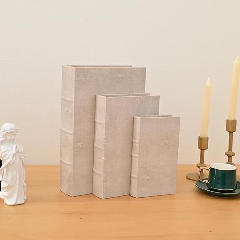 Modern Faux Shagreen Leather Decorative Book Boxes Set of 3 - Wooden Book Shaped Hidden Storage Boxes for Home Decor, Coffee Table, Shelf Organizer, Secret Storage (13",10",8") in Kuwait