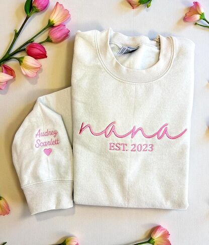 Embroidered Grandma Sweatshirt With Kid Names On Sleeve, Personalized Grandma Sweatshirt with Names on Sleeve, Gift For Grandma, Pregnancy Announcement, for Grandma Multi in Saudi Arabia