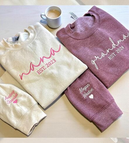 Embroidered Grandma Sweatshirt With Kid Names On Sleeve, Personalized Grandma Sweatshirt with Names on Sleeve, Gift For Grandma, Pregnancy Announcement, for Grandma Multi in Saudi Arabia