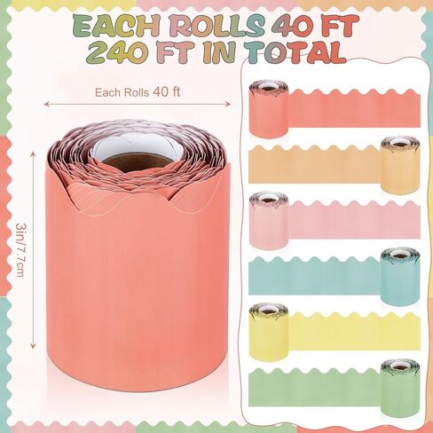 حدود لوحة إعلانات بوهو بطول 240 قدمًا، 6 لفات حواف صدفية للفصول الدراسية للوحة الإعلانات، ديكورات لوحة إعلانات المعلم الباستيل للمدرسة، والفصول الدراسية، والملصقات، والمكتب in Kuwait