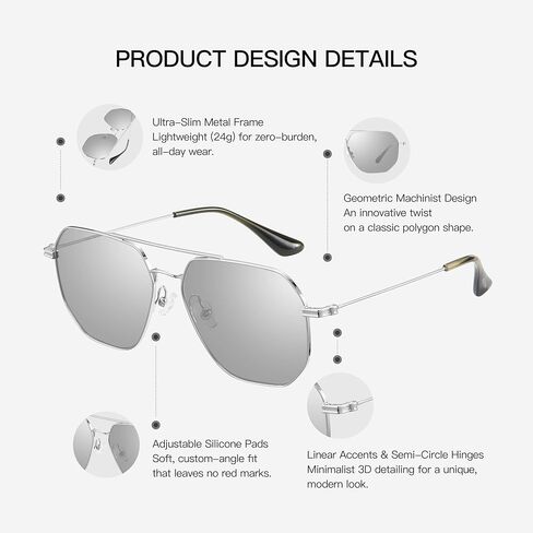 MUJOSH Geometric Polygon Aviator Sunglasses for Men Women, Lightweight Double Bridge Shades for Driving, Fishing & Fashion Accessories, Moonlight Silver, Exclusive Eyewear Brand of EssilorLuxottica in Saudi Arabia