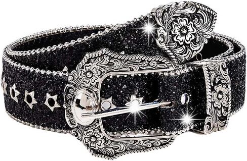 Rhinestones Western Belt Punk Embossed Buckle Belts Star Black Waist Belt Bling Diamond Leather Belts for Women in Saudi Arabia