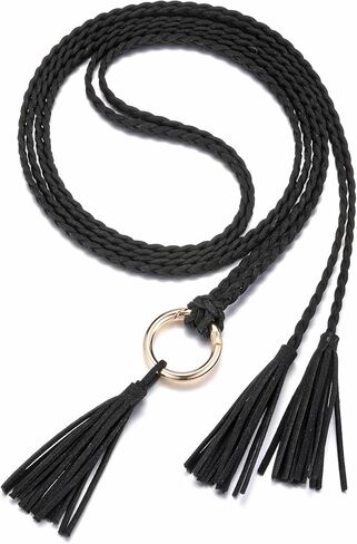 CHIC DIARY Women's Tassel Braided Rope Belt Skinny Woven Belt for Dress PU Leather Waist Belt with Ring in Kuwait