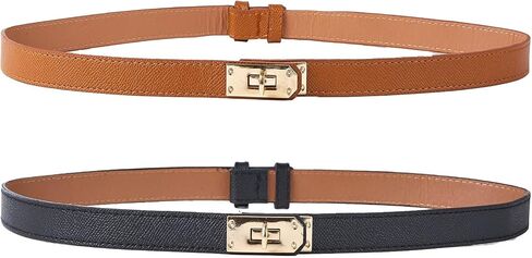 2 Pcs Adjustable Thin Belts for Womens Skinny Leather Belt Solid Color Alloy Turn Lock Belts for Dresses Jeans in Kuwait