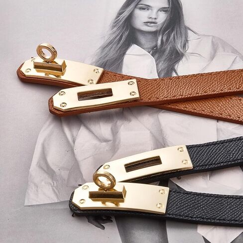 2 Pcs Adjustable Thin Belts for Womens Skinny Leather Belt Solid Color Alloy Turn Lock Belts for Dresses Jeans in Kuwait