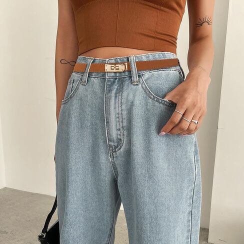 2 Pcs Adjustable Thin Belts for Womens Skinny Leather Belt Solid Color Alloy Turn Lock Belts for Dresses Jeans in Kuwait