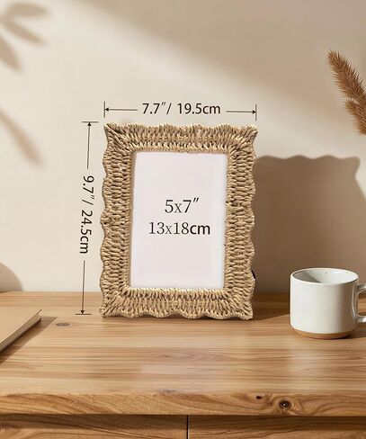 Afuly 5x7 Picture Frame Boho Woven Photo Frame Beige Frames Rope Wave Unique Wall Hanging Desk Standing Home Decor with Real Glass Artwork Anniversary for Mom Women Family in Kuwait