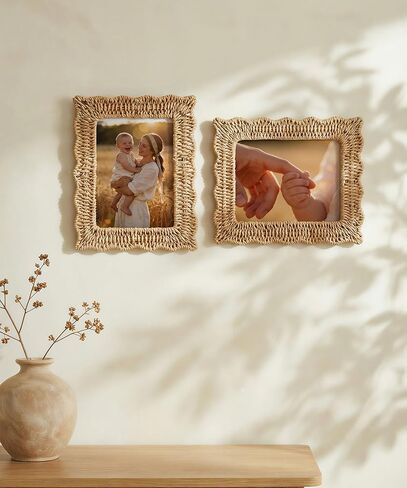 Afuly 5x7 Picture Frame Boho Woven Photo Frame Beige Frames Rope Wave Unique Wall Hanging Desk Standing Home Decor with Real Glass Artwork Anniversary for Mom Women Family in Kuwait