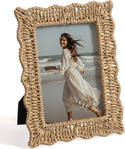 Afuly 5x7 Picture Frame Boho Woven Photo Frame Beige Frames Rope Wave Unique Wall Hanging Desk Standing Home Decor with Real Glass Artwork Anniversary for Mom Women Family in Kuwait