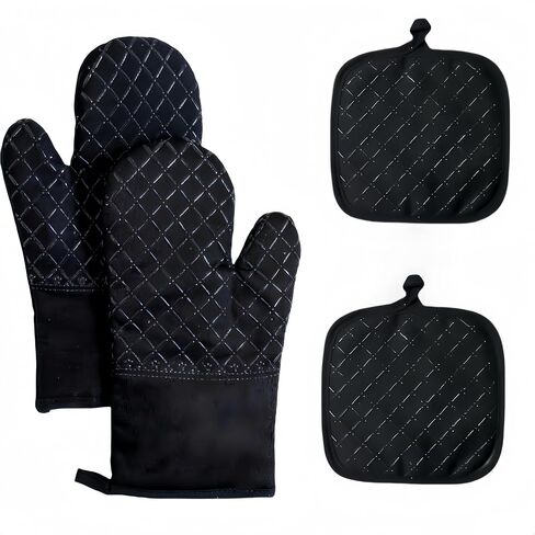 Oven Mitts and Pan Racks 6-Piece Set, Extended Kitchen Oven Mitts and Pan Racks, Heat Resistant 500 °F, Silicone Non-Slip Surface for Baking and Cooking (Black) in Kuwait