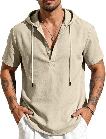 Men's Cotton Linen Shirts Short Sleeve Casual Button Down Hoodies Summer Hawaiian Beach Top with Drawstring in Kuwait