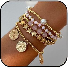 Aluinn أساور الذهب للنساء بوهو أساور مجموعة مجوهرات نجوم اللؤلؤ عملة سحر الرجعية قابل للتعديل الشاطئ تكويم الكفة الأساور للنساء in Kuwait