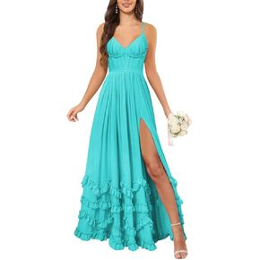 الأزهار كشكش السباغيتي الأشرطة الخامس الرقبة فساتين وصيفة الشرف للنساء طويل مشد رسمي مساء فستان ماكسي in Kuwait