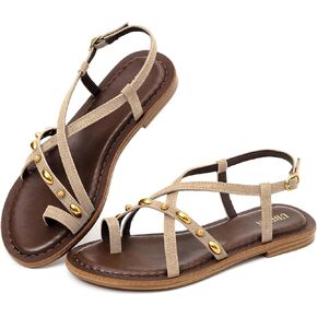UBFEN Womens Gladiator Sandals Strappy Flat Sandals with Toe Ring | Studded Deco, Comfortable Cushioned, Adjustable Ankle Buckle, Hidden Elastic Band for Dressy, Casual, Travel in Saudi Arabia