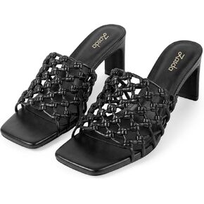 Women's Woven Heeled Sandals, Square Open Toe Block Heels Slip on Mules Shoe for Vacation Casual Daily Wear in Kuwait