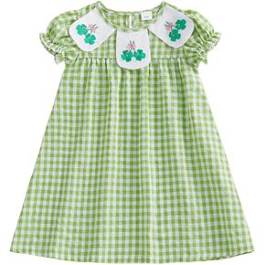Toddler Girl St. Patrick's Day Outfit Shamrock Embroidery Plaid Print Short Sleeve Princess Dress Kids Irish Clothes in Kuwait
