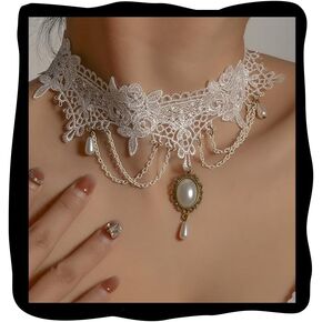 Lace Choker Necklace for Women White Lace Tassel Pendant Choker Necklaces Vintage Boho Collar Necklaces Statement Artistic Palace Princess Chain Necklace Halloween Party Cosplay Costume Jewelry in Saudi Arabia